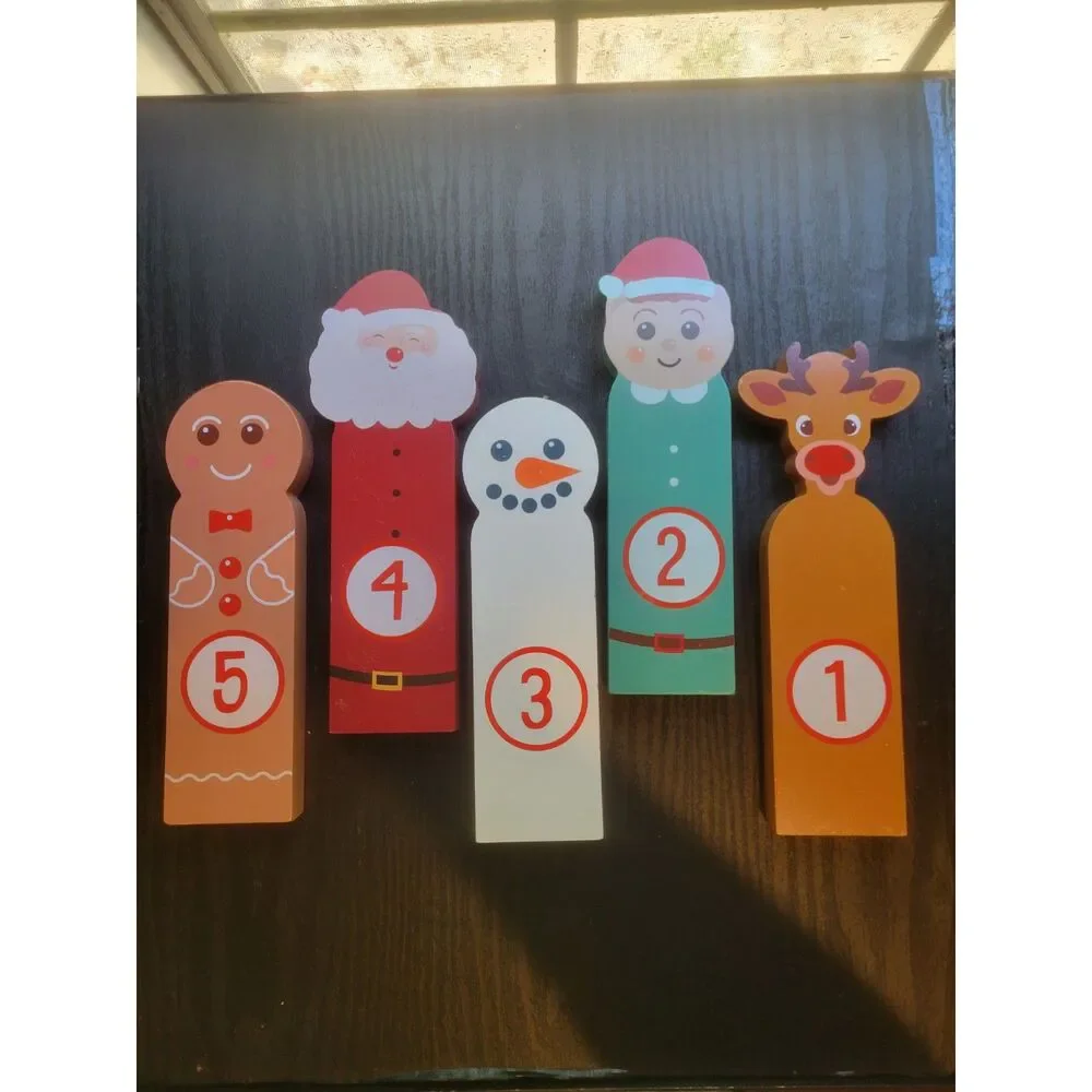 Wooden Christmas Bowling Pins Set Santa Reindeer Snowman Pins